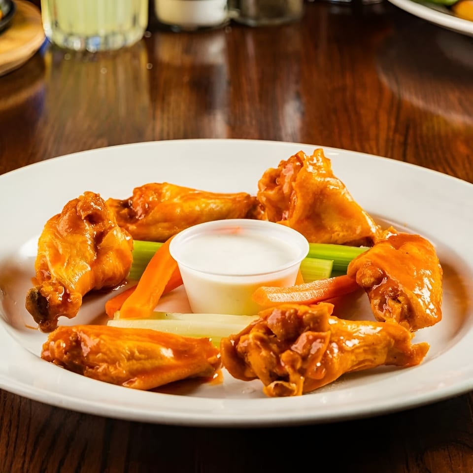 A plate of The Back 9 Addison's buffalo wings with celery, carrots, and ranch dressing.